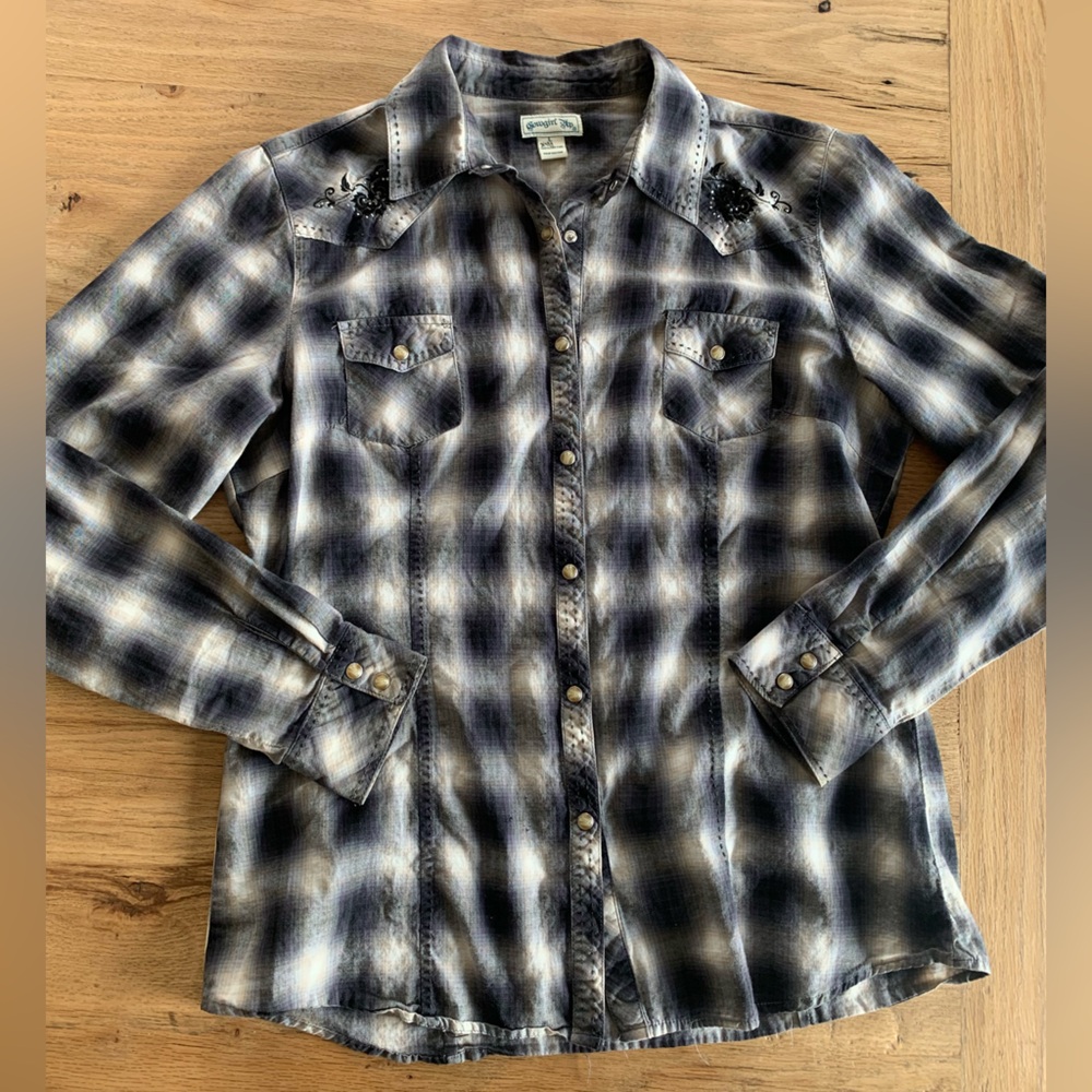 Cowgirl Up Western Embroidery Snap Long Sleeve Button Down Shirt Women’s L pre